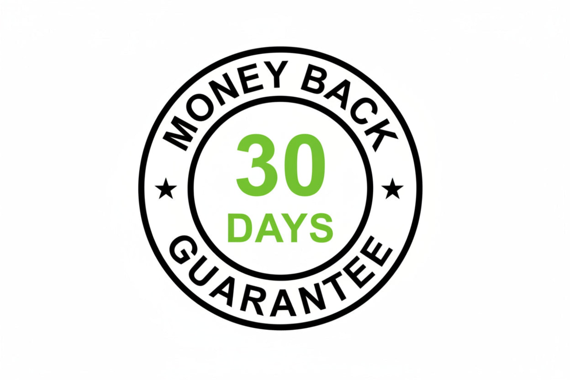 Money back guarantee logo with '30 days' text on a white background and green writing
