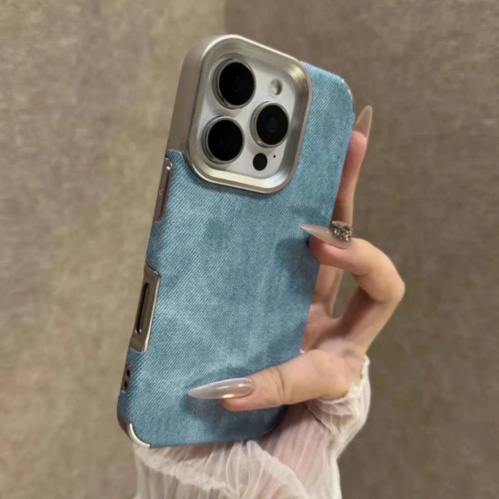 Luxury Jeans Fabric Soft Plating Case for iPhone 17 Air 16 15 14 Plus 13 12 11 Pro Max Shockproof Bumper Fabric Brand Cover Capa